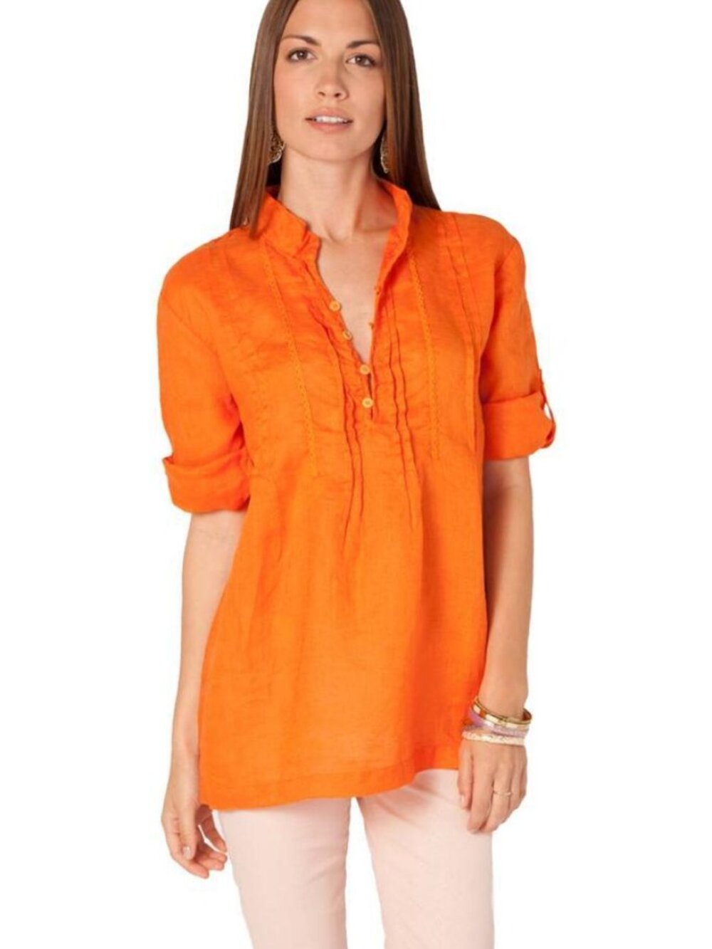 CP Shades Celeste Top Tangelo Orange Linen Split V-Neck 4 Button 3/4 Sleeve